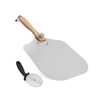 Yuming Factory Metal Pizza Paddle with Foldable Wooden Handle & Stainless Pizza Cutter Wheel for Baking Homemade Pizza and Bread